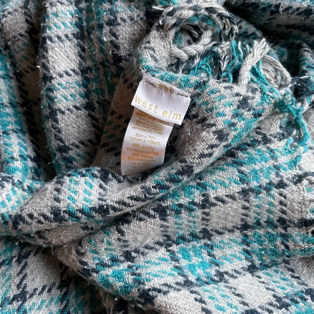 West Elm Plaid Fringe Throw Blanket | 50x70in | Blue & Gray